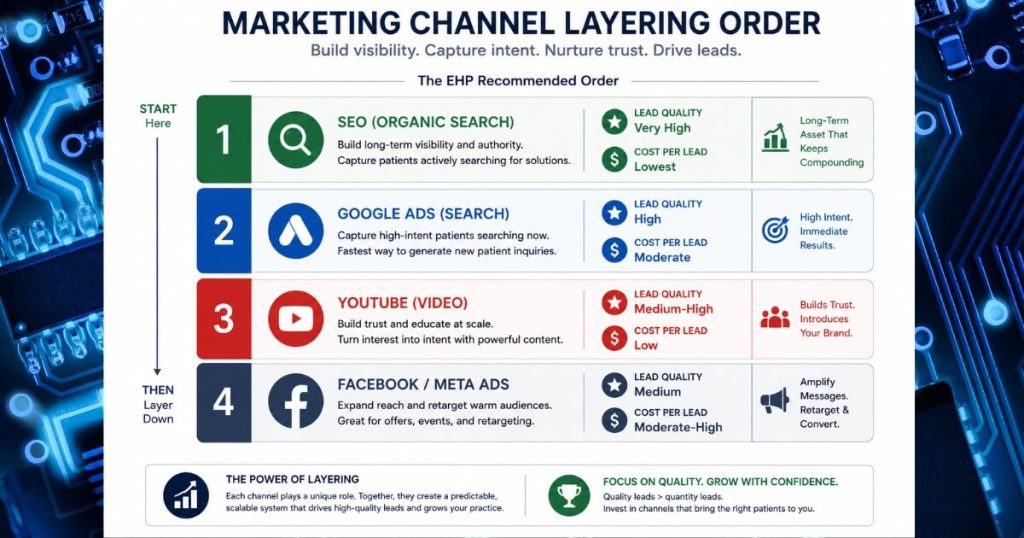 The order to layer marketing channels at a cash-pay medical practice: SEO, Google Ads, YouTube, Facebook