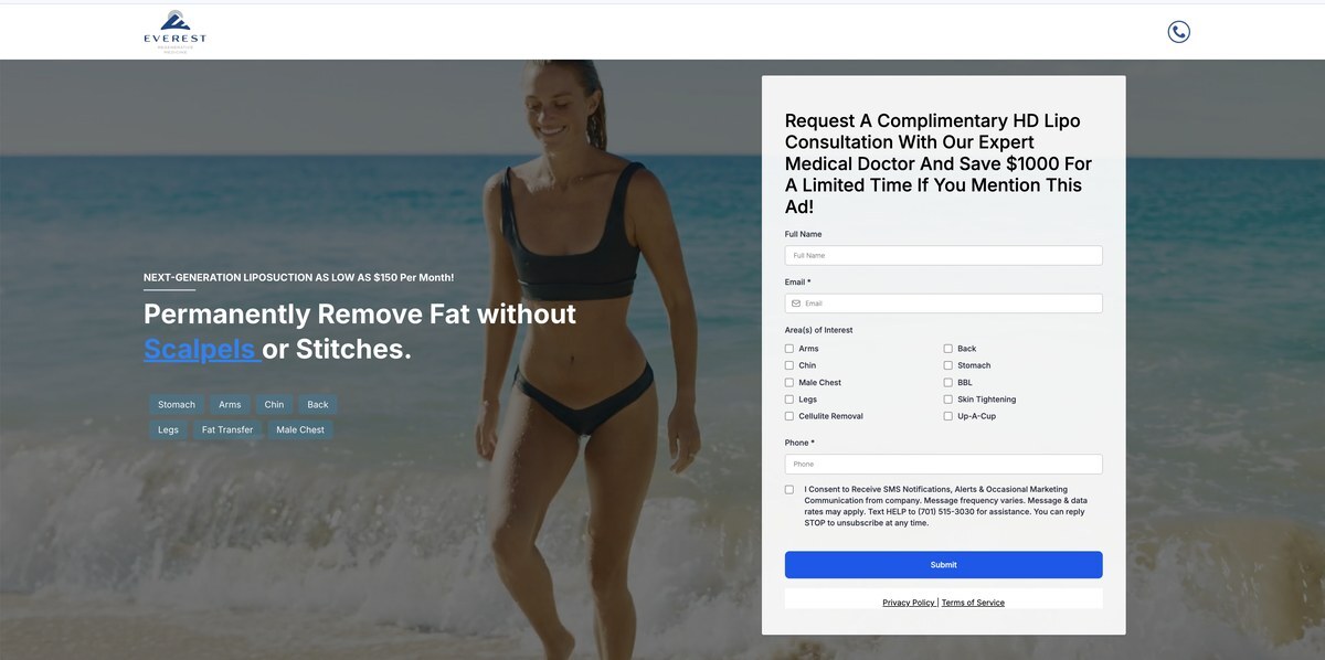 Everest Regenerative Medicine HD Lipo and FUNsculpting landing page offering a complimentary consultation and $1,000 off