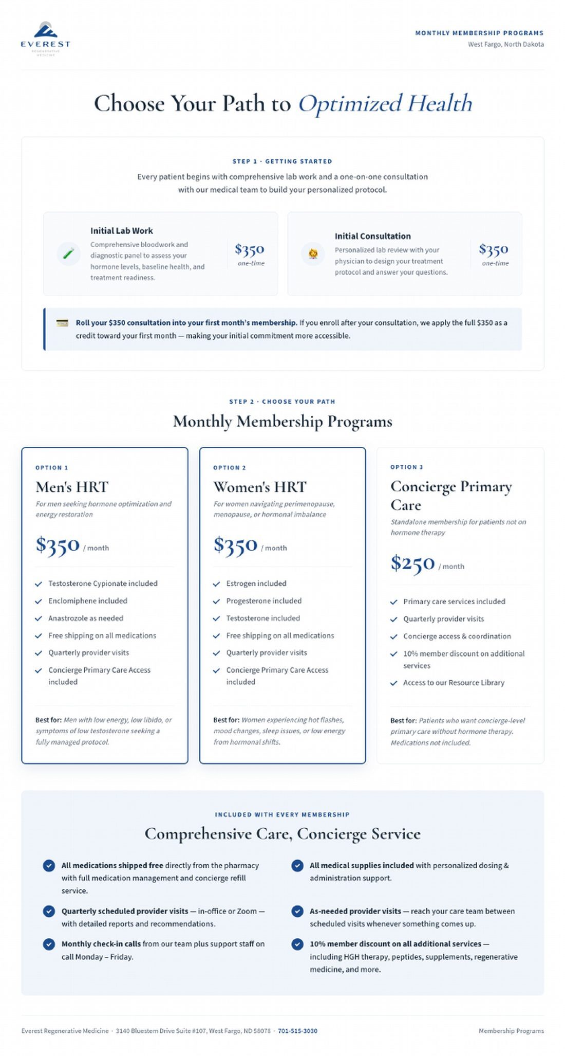 Everest Regenerative Medicine monthly membership programs page showing Men's HRT, Women's HRT and Concierge Primary Care tiers